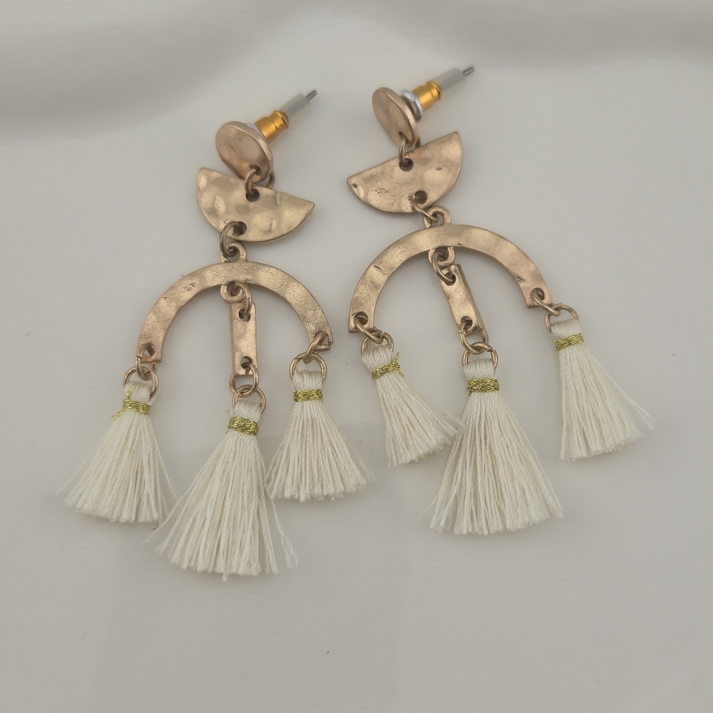 Elegant Gold and Cream Tassel Earrings